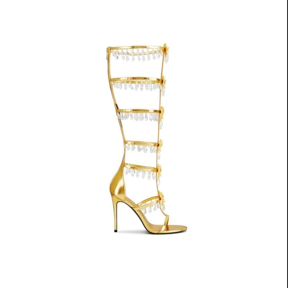 IAMJENNIFERLE JENNIFER LE METEORITE II GOLD LEATHER SANDAL WITH GOLD X CRYSTALS